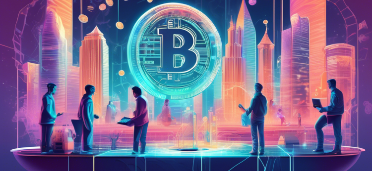 Create an illustration depicting the future of digital currency, featuring futuristic cityscapes with holographic financial symbols, people using advanced technology for cryptocurrency transactions, and a central figure holding a glowing Newton's cradle made of digital coins. The scene should blend elements of technological innovation with the historic influence of Newton's discoveries.