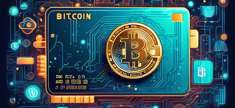 Create an illustration of a sleek Bitcoin-themed credit card emitting a digital glow, surrounded by icons representing various benefits such as rewards, security, and easy transactions. The background should incorporate elements of blockchain networks and futuristic cityscapes to emphasize innovation and technology.