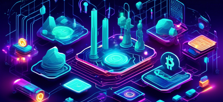 Create an image illustrating the concept of free cryptocurrency mining, depicting a futuristic and digital landscape. Include elements like a high-tech mining rig emitting neon lights, various cryptocurrencies symbolizing their potential and pitfalls floating around, and a balance scale to suggest weighing the pros and cons. The background should be a blend of cyberspace and abstract patterns, emphasizing the virtual nature of cryptocurrency.