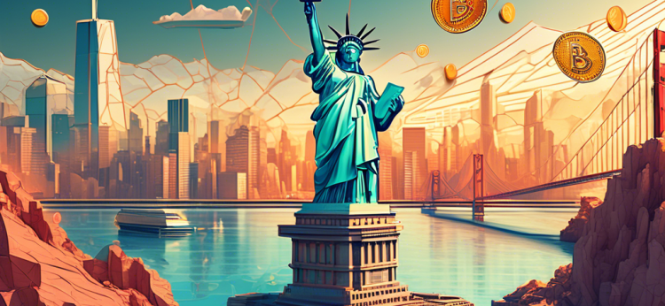 Create an image of a futuristic, digital landscape representing the concept of cryptocurrency exchanges in the United States. Features include iconic U.S. landmarks such as the Statue of Liberty and the Golden Gate Bridge seamlessly integrated with digital elements like glowing blockchain networks, digital coins floating in the air, and virtual graphs and charts. The scene should convey the complexity and dynamism of the crypto exchange ecosystem, blending traditional and innovative elements.