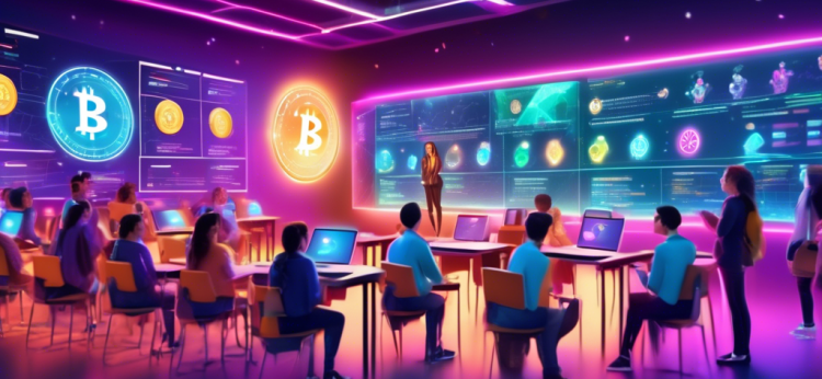 Create an image of a futuristic and dynamic cryptocurrency classroom, with diverse students eagerly learning and interacting. The room is filled with digital screens displaying colorful cryptocurrency symbols like Bitcoin, Ethereum, and others. The teacher, an enthusiastic digital avatar, is explaining concepts with holographic charts and graphs. The atmosphere is vibrant and innovative, symbolizing the excitement and potential of entering the world of crypto.