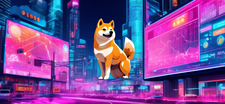 Create an image of a futuristic cityscape where digital currencies are displayed prominently on neon billboards. In the foreground, focus on a large, vibrant billboard featuring a Shiba Inu dog, symbolizing the Shiba Inu Coin, surrounded by dynamic graphs and charts representing latest trends and market predictions. Incorporate glowing elements and digital interfaces to emphasize the high-tech, digital finance theme.