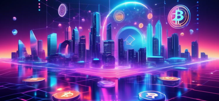 Create a futuristic digital artwork that showcases the top cryptocurrencies of 2023. The scene should feature dynamic holographic visuals of various cryptocurrency logos such as Bitcoin, Ethereum, and others, floating above a virtual, high-tech cityscape. The atmosphere should be vibrant and colorful, reflecting an advanced digital financial world. Include elements like floating data streams, glowing graphs, and tech-savvy individuals engaged in crypto trading through futuristic devices.