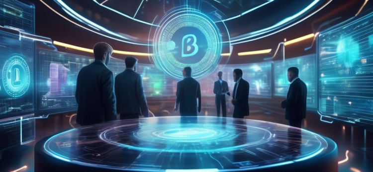 Create an image of a futuristic digital marketplace bustling with energy, where a diverse group of traders are intensely analyzing holographic cryptocurrency charts. In the center, highlight a glowing digital coin, symbolizing the best coin to buy as suggested by experts, emanating a sense of potential and financial growth. The scene should convey a blend of cutting-edge technology and financial excitement.