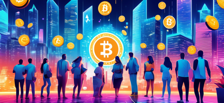 Create an image that portrays a vibrant and futuristic digital marketplace bustling with various cryptocurrencies represented as lively animated coins. Each coin features a unique and eye-catching design with the year 2023 subtly integrated. The background shows a high-tech cityscape with glowing blockchain networks, symbolizing innovation and growth in the crypto world. Include diverse people excitedly interacting with holographic crypto interfaces, embodying the enthusiasm and potential of this market.