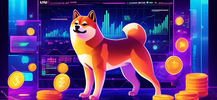 Create an image of a futuristic financial market scene focusing on the trading of Shiba Inu coin. Include elements like digital charts displaying fluctuating price trends, traders using advanced technology devices, and a large digital screen prominently featuring the Shiba Inu logo. Use a vibrant color palette with glowing lights to emphasize the dynamic nature of cryptocurrency trading.