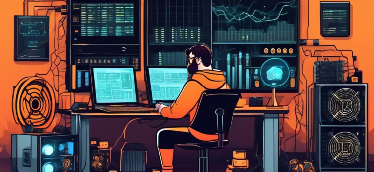 Create a detailed illustration of a beginner's crypto mining rig setup. The scene should show a person in a small home office, surrounded by various components such as GPUs, a motherboard, power supply units, and cooling fans. The person is studying a Beginner's Guide to Crypto Mining book, with a look of determination. Include a computer screen displaying a cryptocurrency dashboard and stacks of cryptocurrency coins in the background for a touch of digital success. The atmosphere should be one of focus and curiosity, highlighting the DIY spirit of building a mining rig.