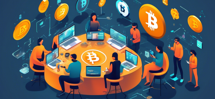 Create an image that visually represents the concept of Cryptocurrency Trading for Beginners: A Step-by-Step Guide. The scene features a diverse group of enthusiastic beginners, each holding a laptop or smartphone displaying different aspects of a cryptocurrency trading platform. They are sitting around a large table resembling a digital stock exchange, with floating icons of various cryptocurrencies like Bitcoin, Ethereum, and Ripple orbiting above them. The background showcases an illustrated step-by-step guide on a large digital screen, highlighting basics like setting up a wallet, reading trading charts, and understanding market trends. The atmosphere is engaging and educational, with vibrant colors to depict a sense of curiosity and learning.