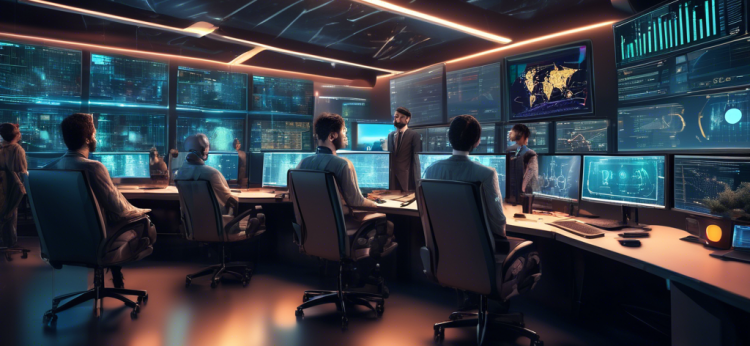 Create an image of a futuristic, high-tech crypto trading control room filled with monitors displaying real-time graphs and data analytics. The scene should include a diverse team of professionals analyzing the information, while several advanced AI-powered robots operate trading algorithms on separate terminals. Include digital currencies like Bitcoin, Ethereum, and others symbolically integrated into the design, depicting the dynamic environment of automated crypto trading strategies in a modern financial setting.